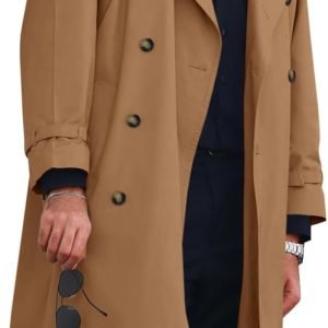 Mens Trench Coat Double Breasted Long Jacket Casual Windbreaker Notched Lapel Belted Overcoat