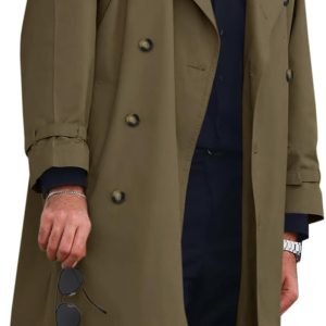 Mens Trench Coat Double Breasted Long Jacket Casual Windbreaker Notched Lapel Belted Overcoat