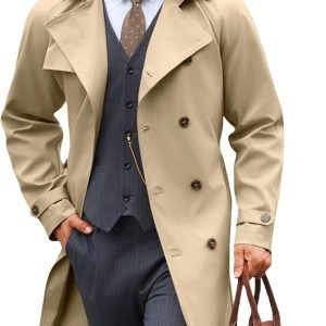 Mens Trench Coat Double Breasted Notched Lapel Casual Belted Windbreaker Fall Classic Long Jacket Overcoat