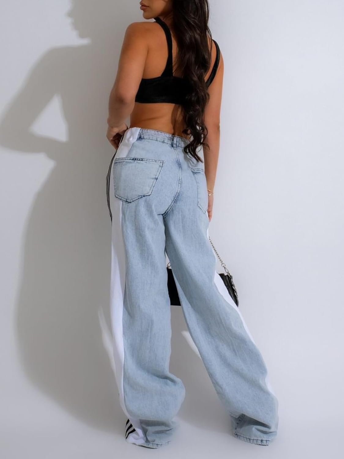 Women’s Jeans with Patchwork Stripes High Waist Loose Denim Color Block Jean Straight Wide Leg Pants - Image 2