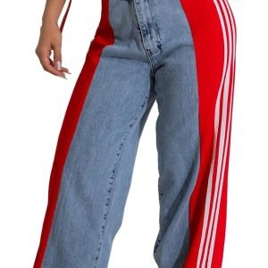 Women’s Jeans with Patchwork Stripes High Waist Loose Denim Color Block Jean Straight Wide Leg Pants