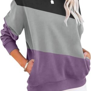 Women's Casual Long Sleeve Color Block/Solid Tops Crewneck Sweatshirts Cute Loose Fit Pullover with Pockets