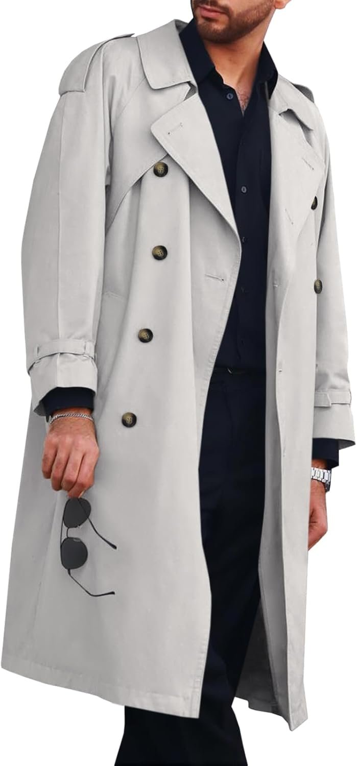 Mens Trench Coat Double Breasted Long Jacket Casual Windbreaker Notched Lapel Belted Overcoat