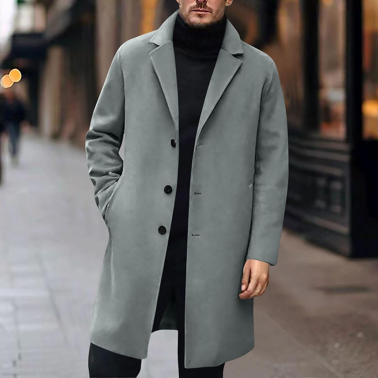Trench Coat Men Wool Single Breasted Notched Lapel Collar Pea Coat Winter Fall Warm Business Mid Long Outwear Overcoat - Image 2