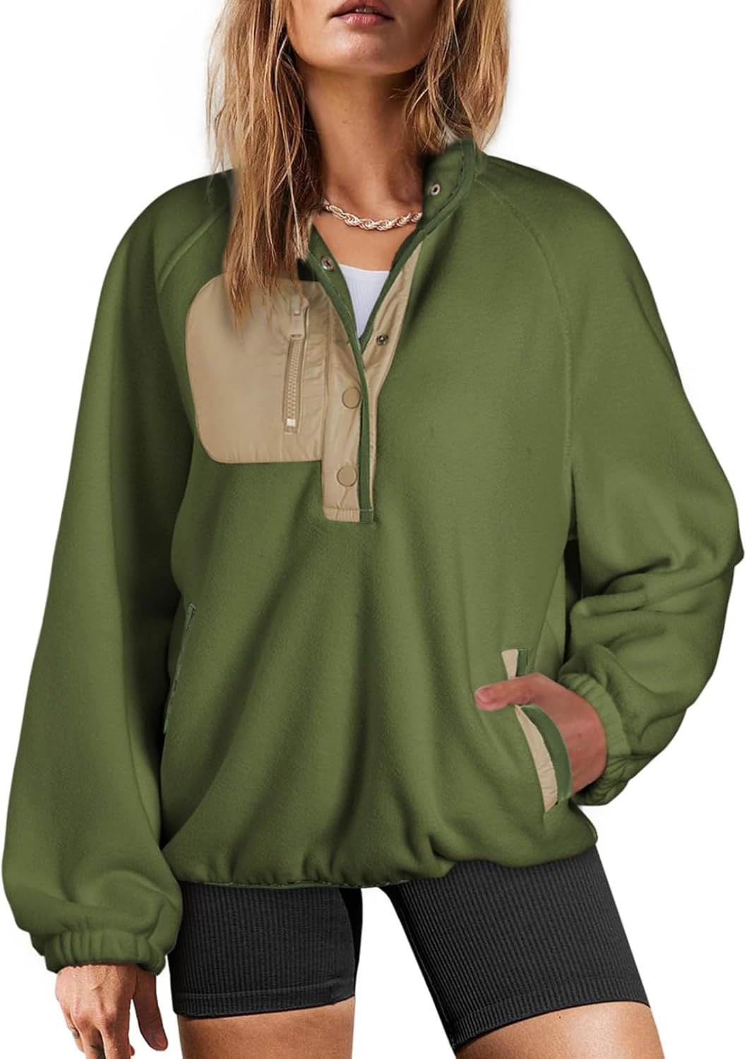 Sweatshirt for Women Oversized Fuzzy Fleece Jacket Color Block Button Long Sleeve Pullover Sweatshirts Tops