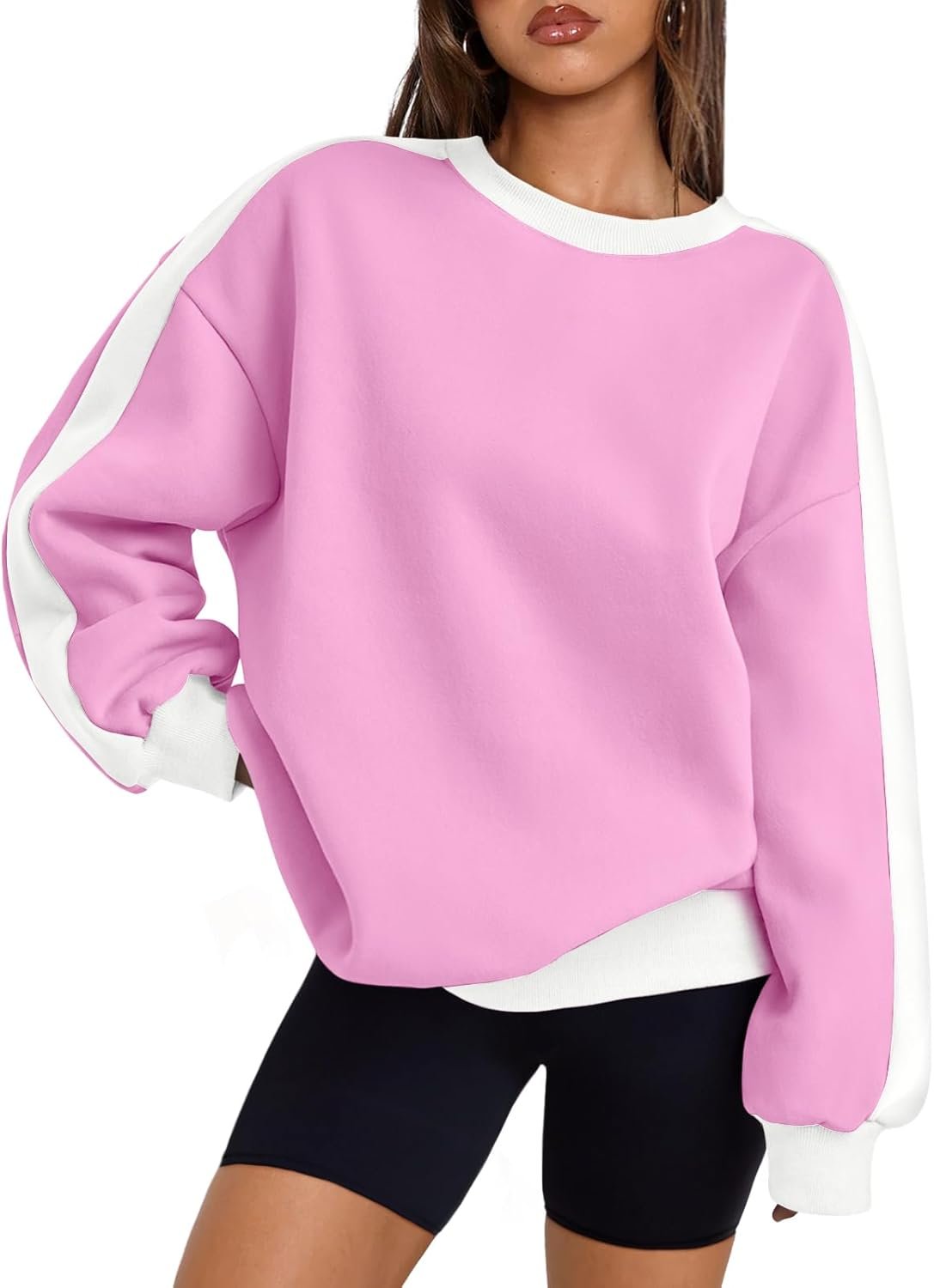Womens Oversized Sweatshirts Crewneck Hoodies Color Block Long Sleeve Pullover Fall Cute Top Fleece Clothes
