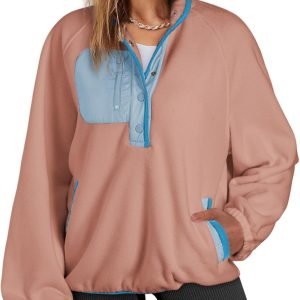 Sweatshirt for Women Oversized Fuzzy Fleece Jacket Color Block Button Long Sleeve Pullover  Sweatshirts Tops