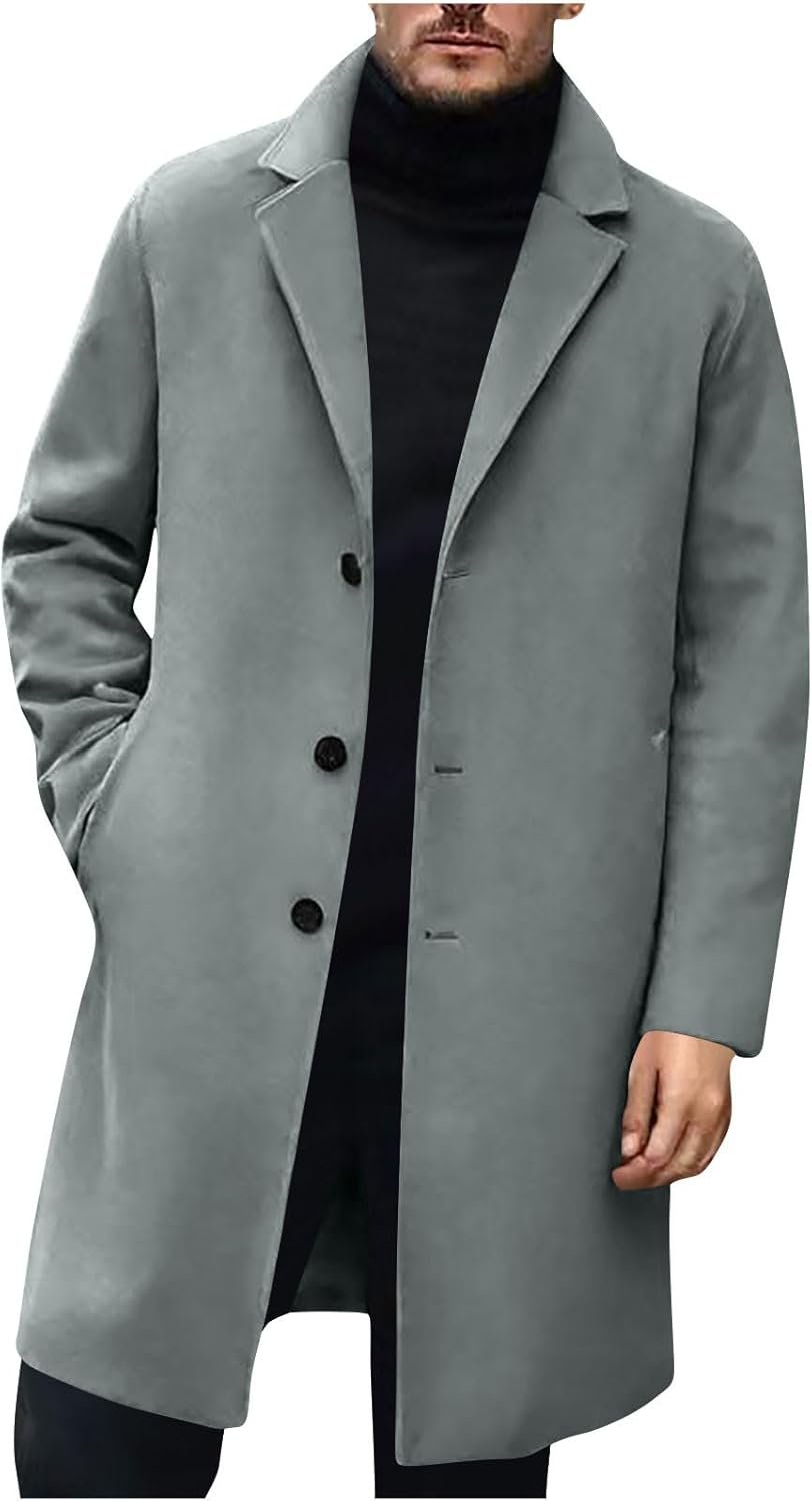 Trench Coat Men Wool Single Breasted Notched Lapel Collar Pea Coat Winter Fall Warm Business Mid Long Outwear Overcoat