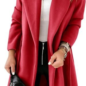 Womens Classic Coat Lapel Collar Open Front Belted Long Jacket