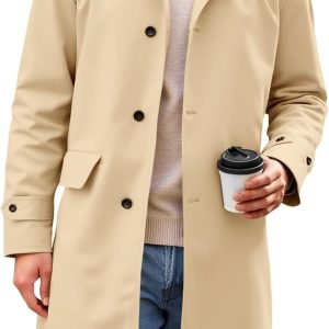 Mens Trench Coat Single Breasted Corduroy Lapel Long Jacket Fall Casual Vintage Windbreaker Overcoat