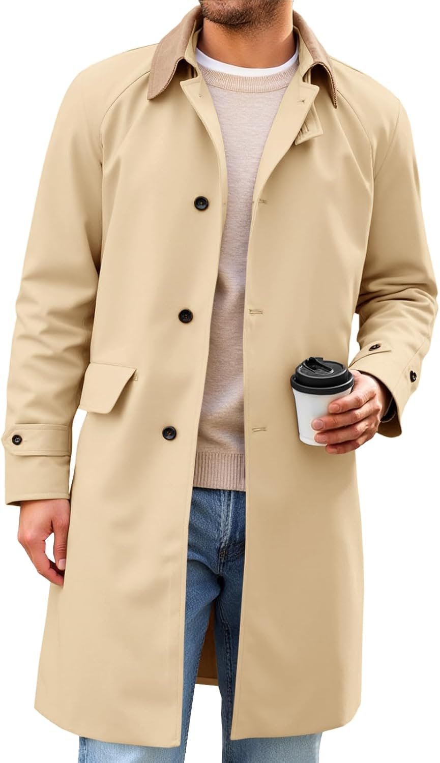 Mens Trench Coat Single Breasted Corduroy Lapel Long Jacket Fall Casual Vintage Windbreaker Overcoat