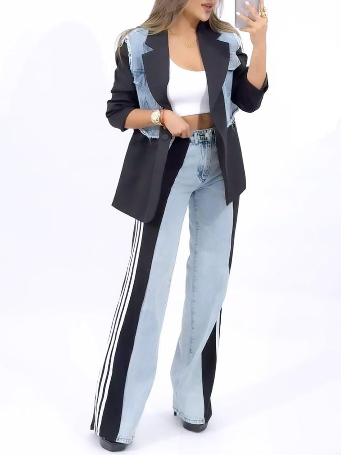 Women’s Jeans with Patchwork Stripes High Waist Loose Denim Color Block Jean Straight Wide Leg Pants - Image 2