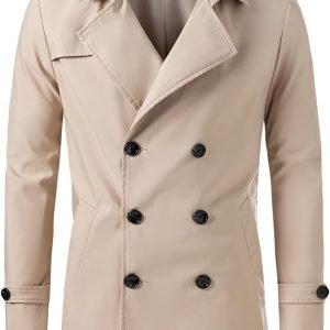 Men's Double Breasted Trench Coat Water-Resistant Windbreaker with Notched Lapel Mid-Length Business & Outdoor Wear