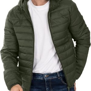 men Puffer Jacket Hooded Lightweight Full Zip Warm Coats Water Repellent Windproof Insulated Jacket with Pockets