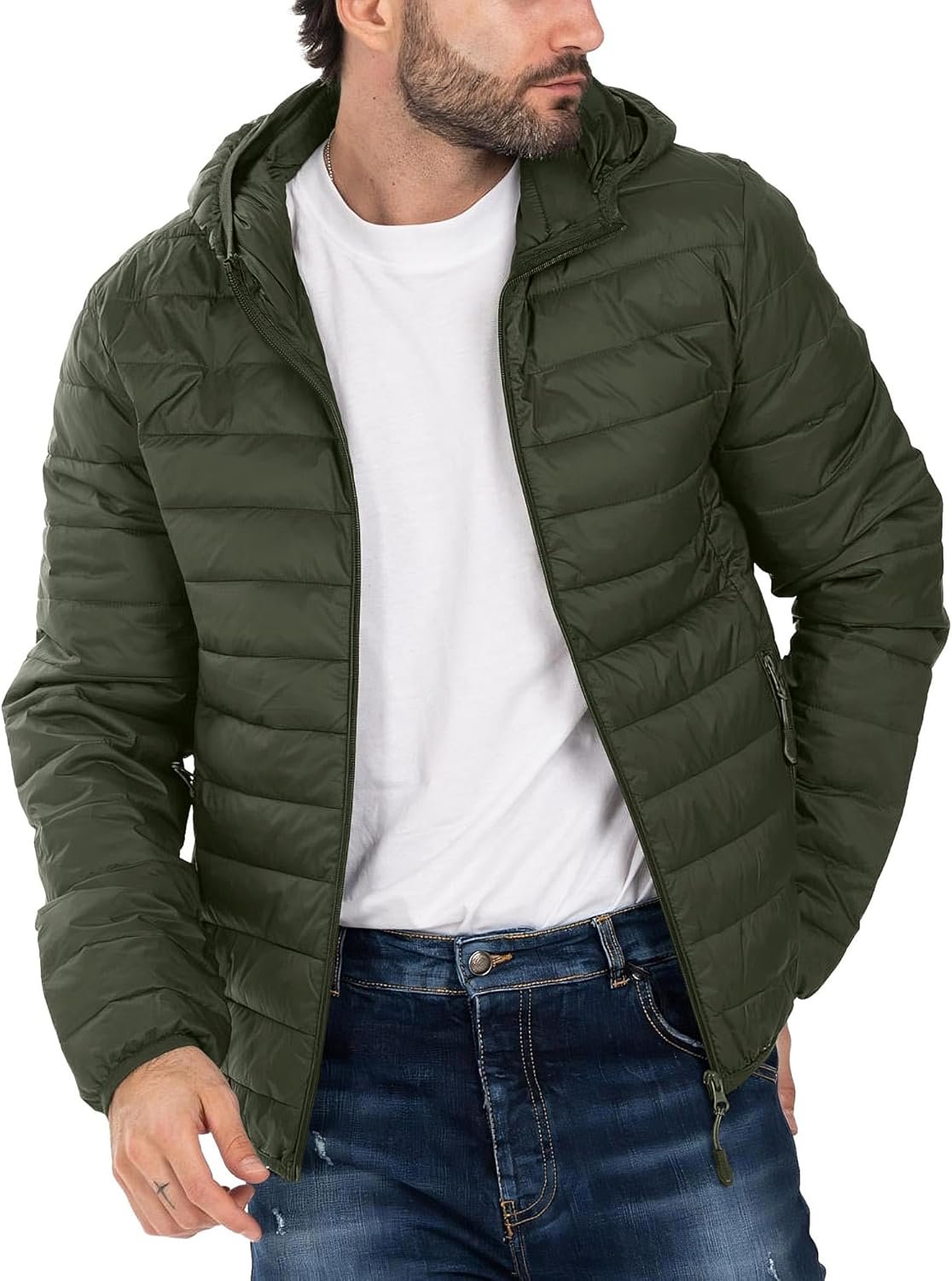 men Puffer Jacket Hooded Lightweight Full Zip Warm Coats Water Repellent Windproof Insulated Jacket with Pockets