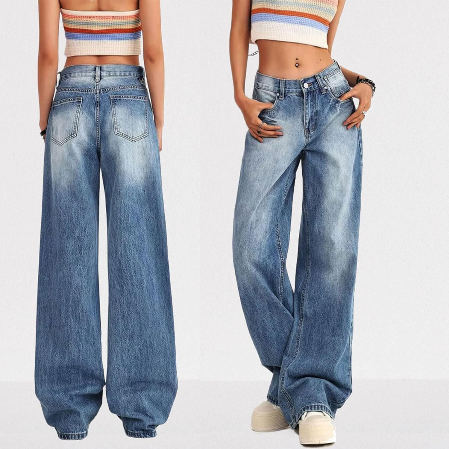 Women's Low Rise Baggy Jeans Washed Straight Wide Leg Denim Pants Casual Loose Boyfriend Jean Streewear Trousers - Image 2