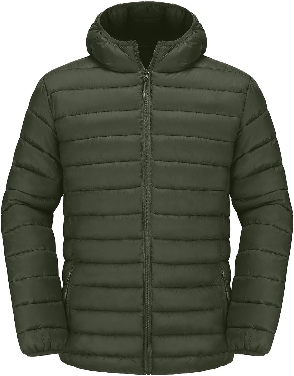 men Puffer Jacket Hooded Lightweight Full Zip Warm Coats Water Repellent Windproof Insulated Jacket with Pockets - Image 2