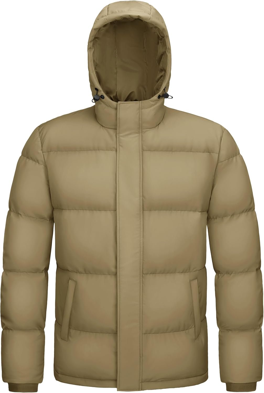 men Hooded Down Jacket Water Resistant Puffer Jacket Full Zip Up Windproof Winter Jacket with Zip Pockets