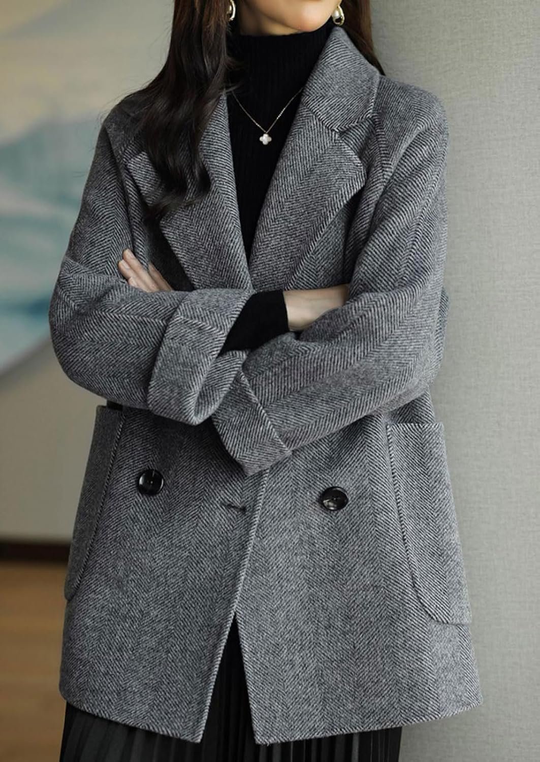 Women Wool Coat Peacoat Jacket Thick Loose Double Breasted Pea Coat Woolen Winter Overcoat - Image 2
