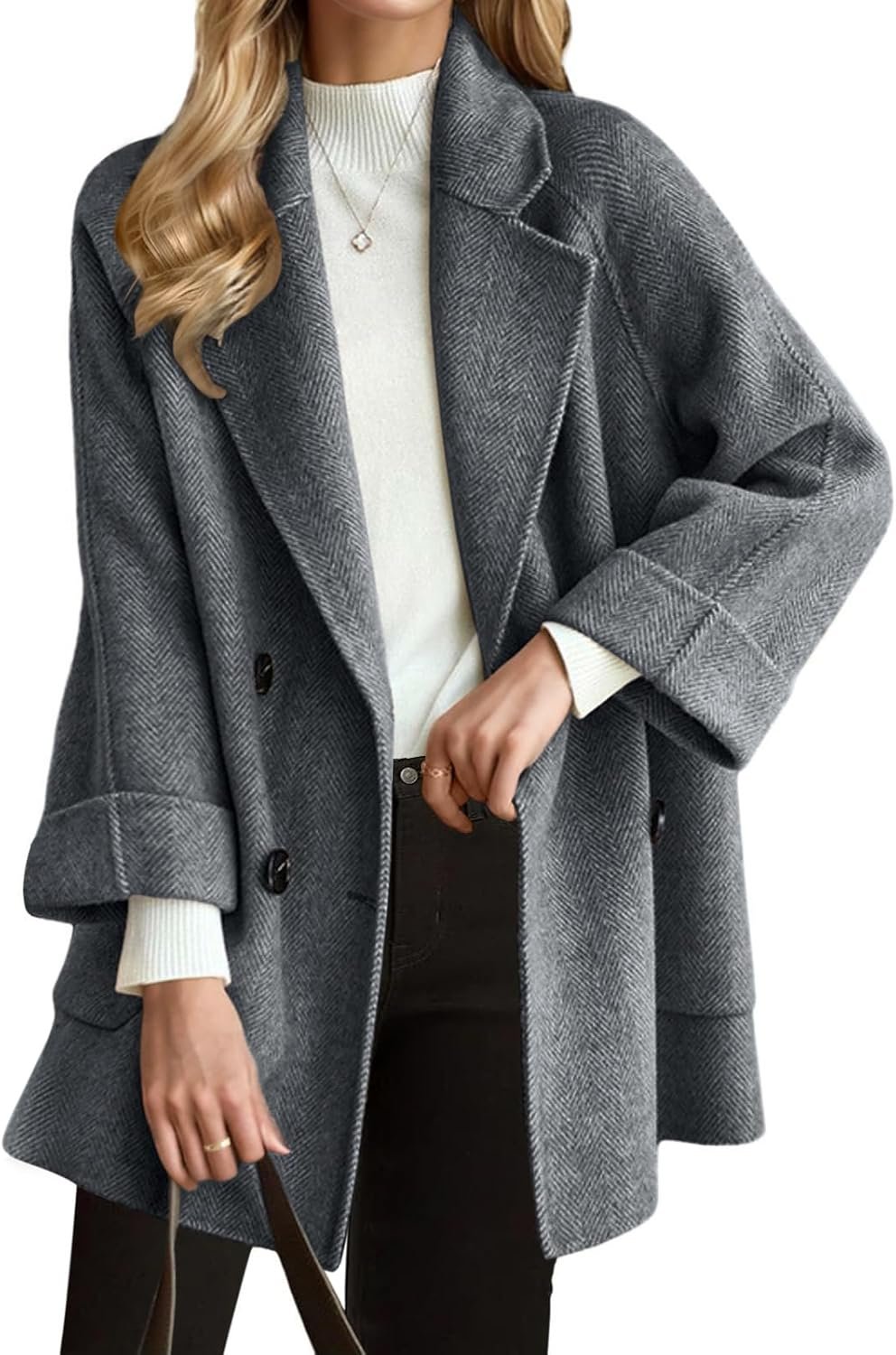 Women Wool Coat Peacoat Jacket Thick Loose Double Breasted Pea Coat Woolen Winter Overcoat