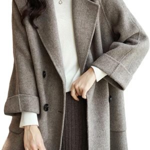 Women Wool Coat Peacoat Jacket Thick Loose Double Breasted Pea Coat Woolen Winter Overcoat