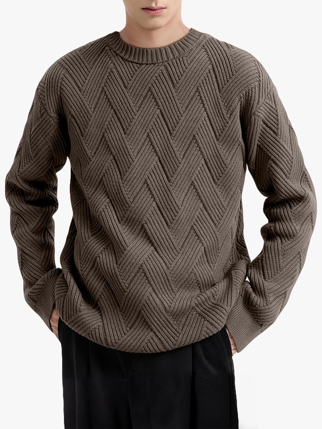 Men's Crewneck Sweaters Casual Textured Pullover Sweaters with Diagonal Jacquard Pattern - Image 2