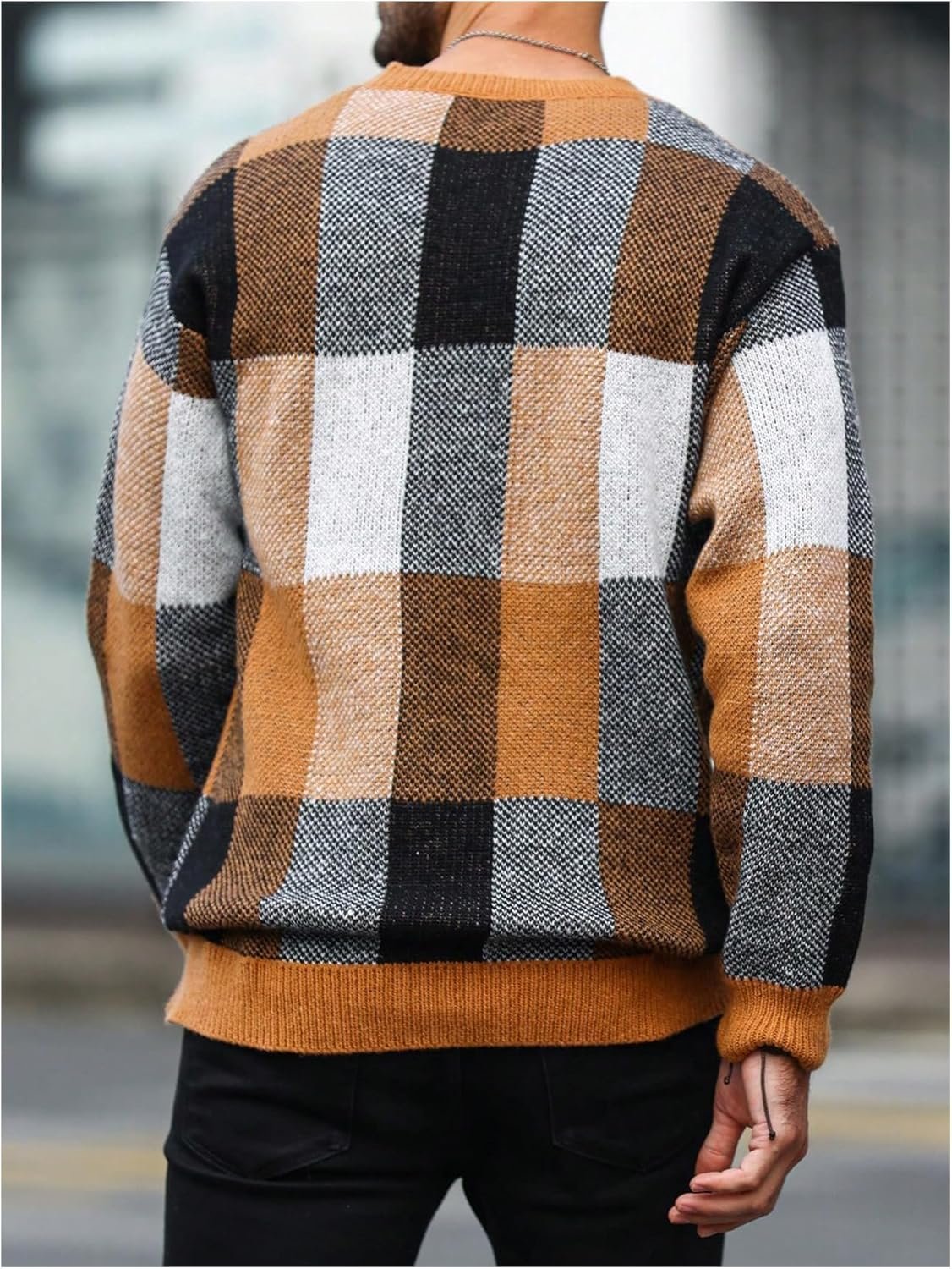 Men's Color Block Plaid Print Long Sleeve Crew Neck Sweater Pullover Tops - Image 2