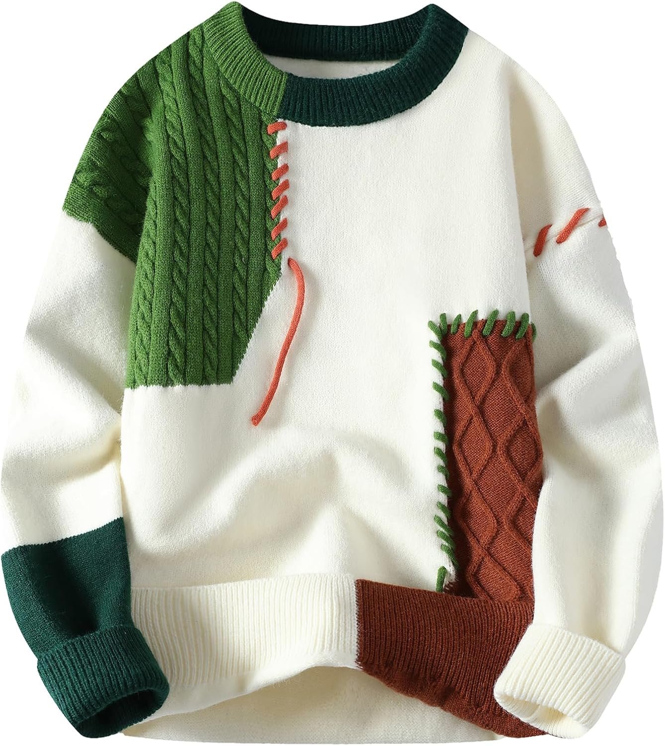 Patchwork Sweater Mens Colorblock Jumper Cable Knitted Pullover Oversized